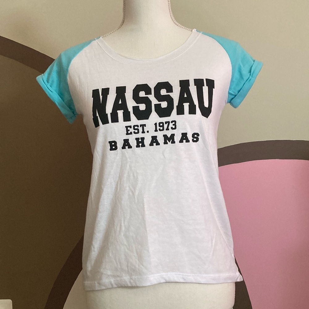 White and Blue Raglan Tee with Nassau Bahamas Print